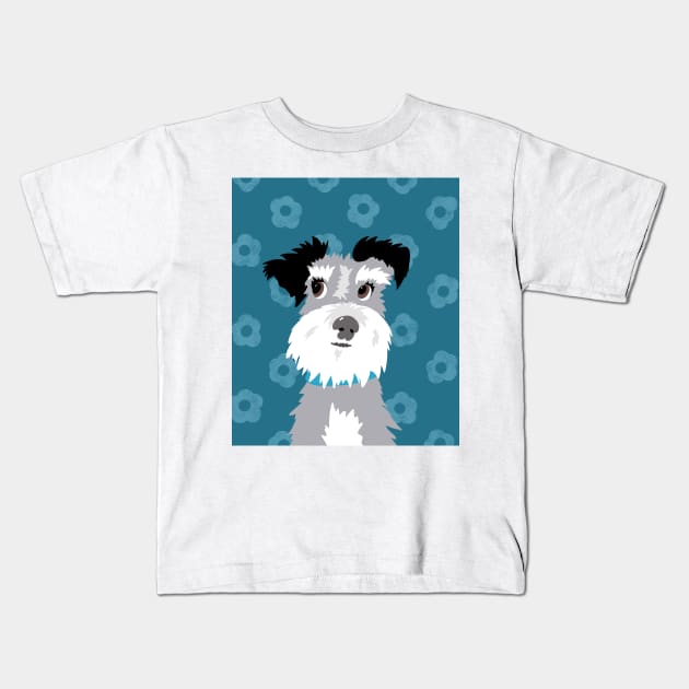 Salt and Pepper Miniature Schnauzer on Blue Daisy Background Kids T-Shirt by NattyDesigns